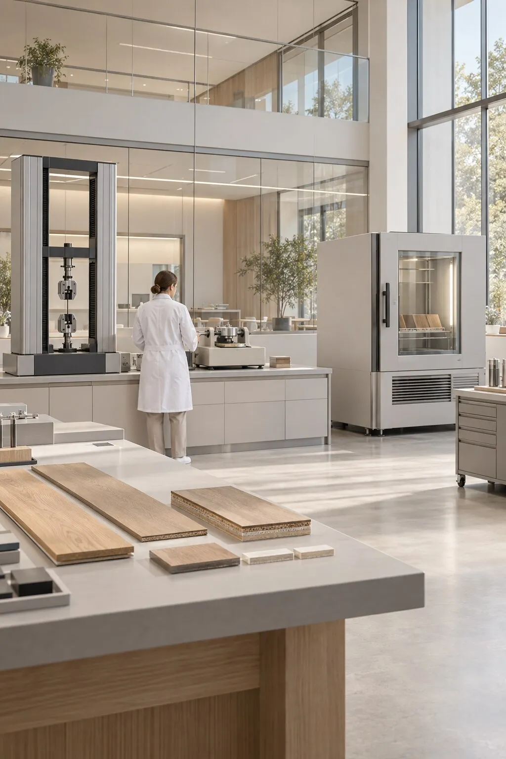 Flooring testing laboratory with materials testing equipment