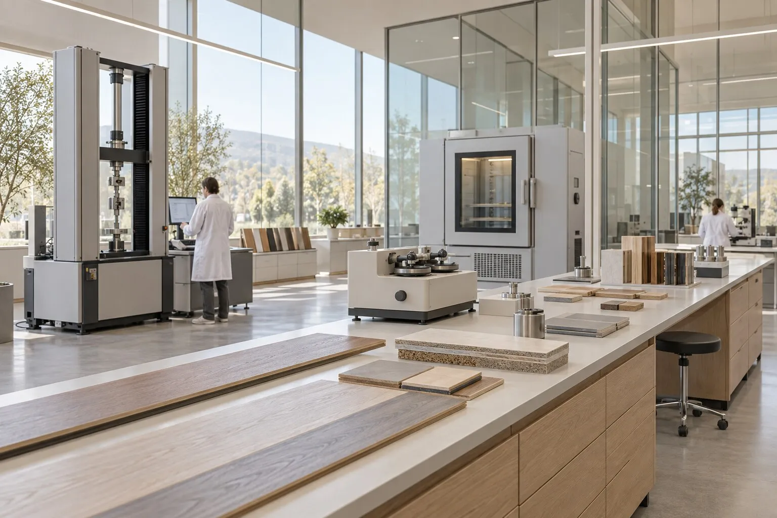 Flooring samples and testing equipment in the laboratory
